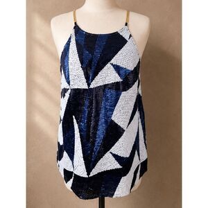 H&M Size Small Sequin Geometric Tank Top Blue White Chain Strap Party Blouse